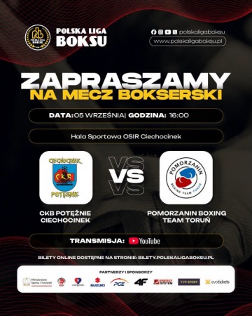 5. Kolejka Polskiej Ligi Boksu CKB Potężnie vs. Pomorzanin Boxing Team Toruń